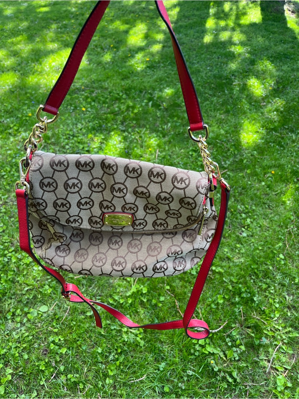 Michael Kors Beige MK Logo Canvas Shoulder Bag with red Trim
